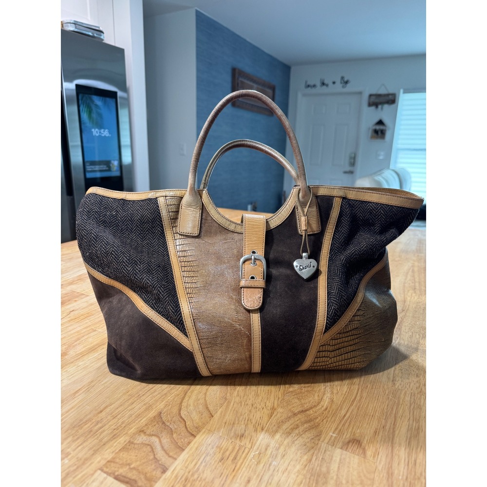 Sharif Studio Vintage Y2K Leather Suede Wool Herringbone Patchwork Large Tote